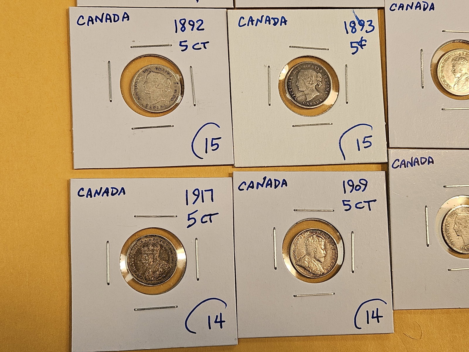 Fifteen mixed, silver, Canadian 5 cent coins - 5