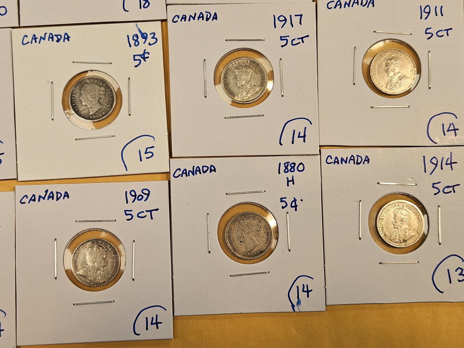 Fifteen mixed, silver, Canadian 5 cent coins - 6