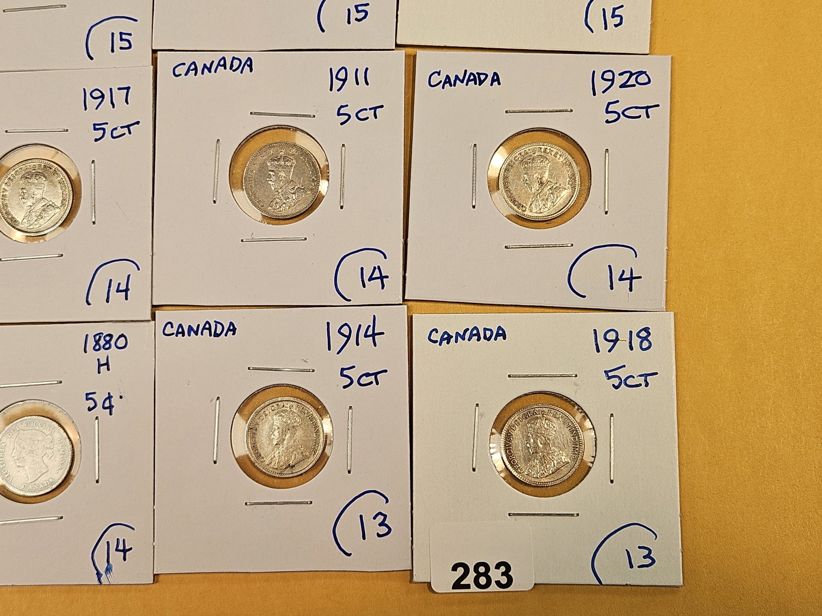 Fifteen mixed, silver, Canadian 5 cent coins - 7