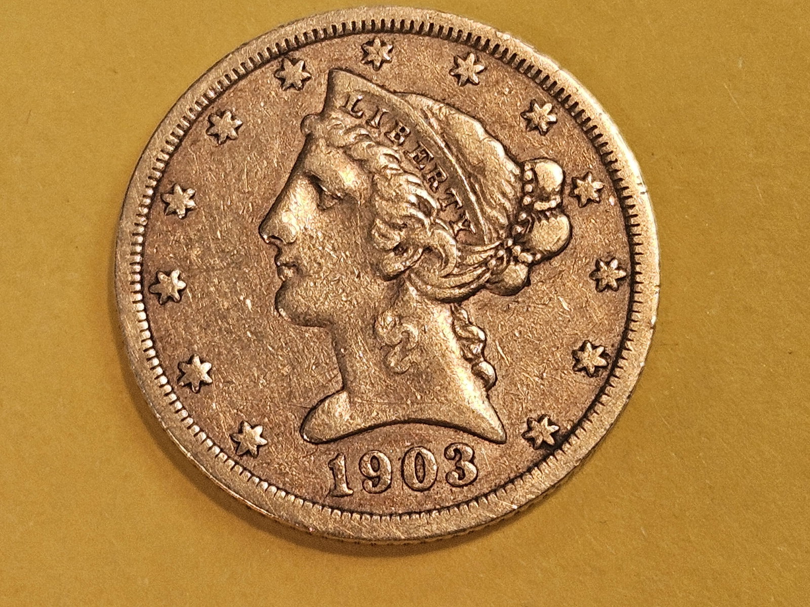 GOLD! 1903-S Liberty Head Gold Five Dollar Half-Eagle: Lightly circulated