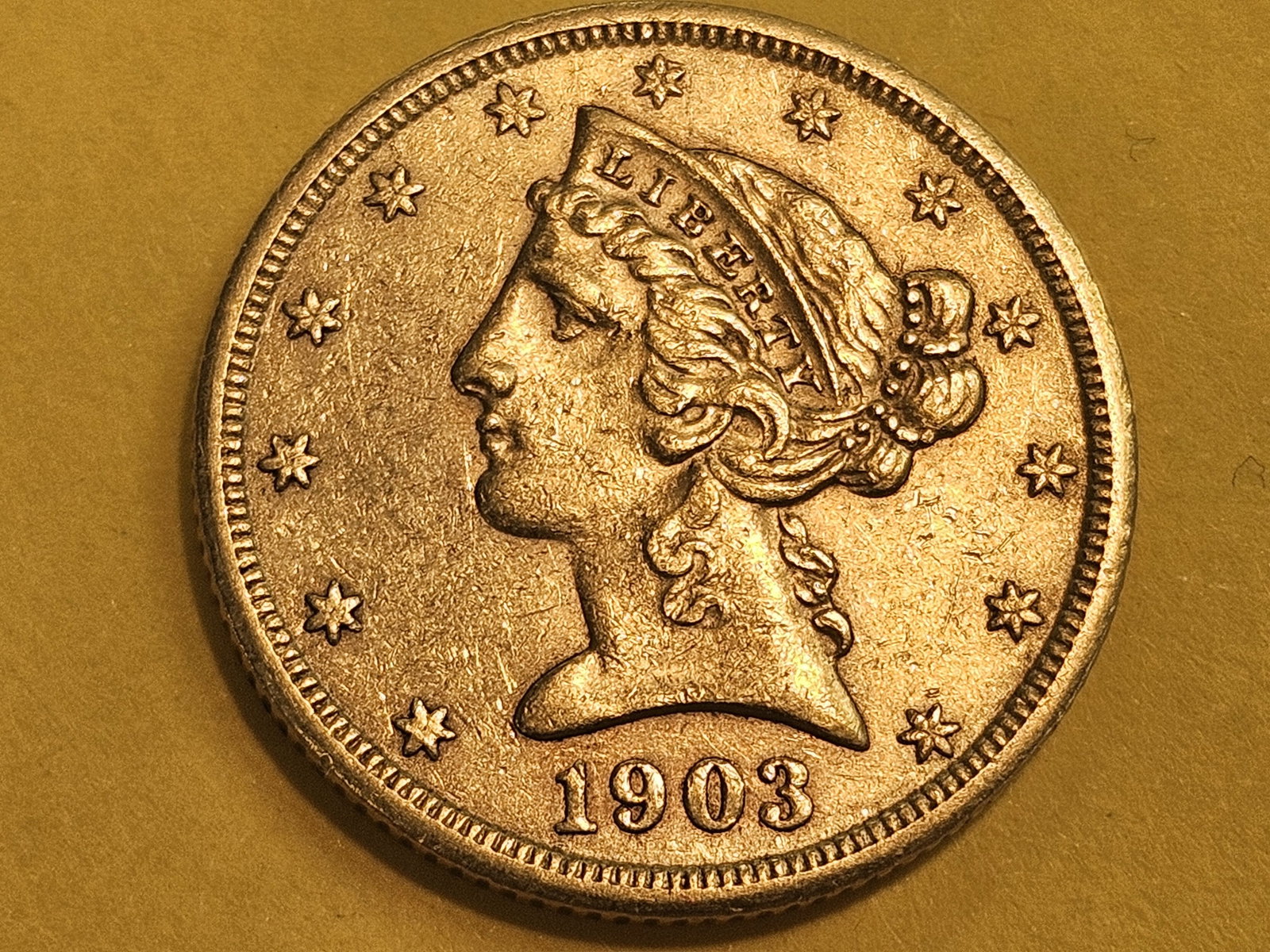 GOLD! Brilliant About Uncirculated 1903-S Gold Liberty Head Five Dollars: Half-Eagle