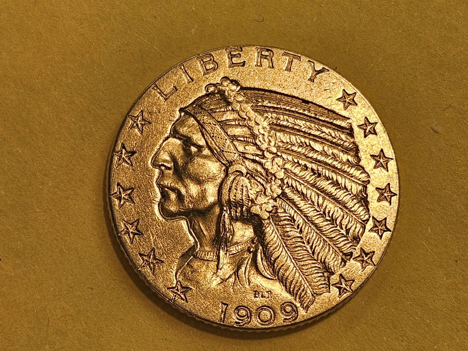 GOLD! Brilliant About Uncirculated 1909-D Gold Indian Head Five Dollars: Half-Eagle