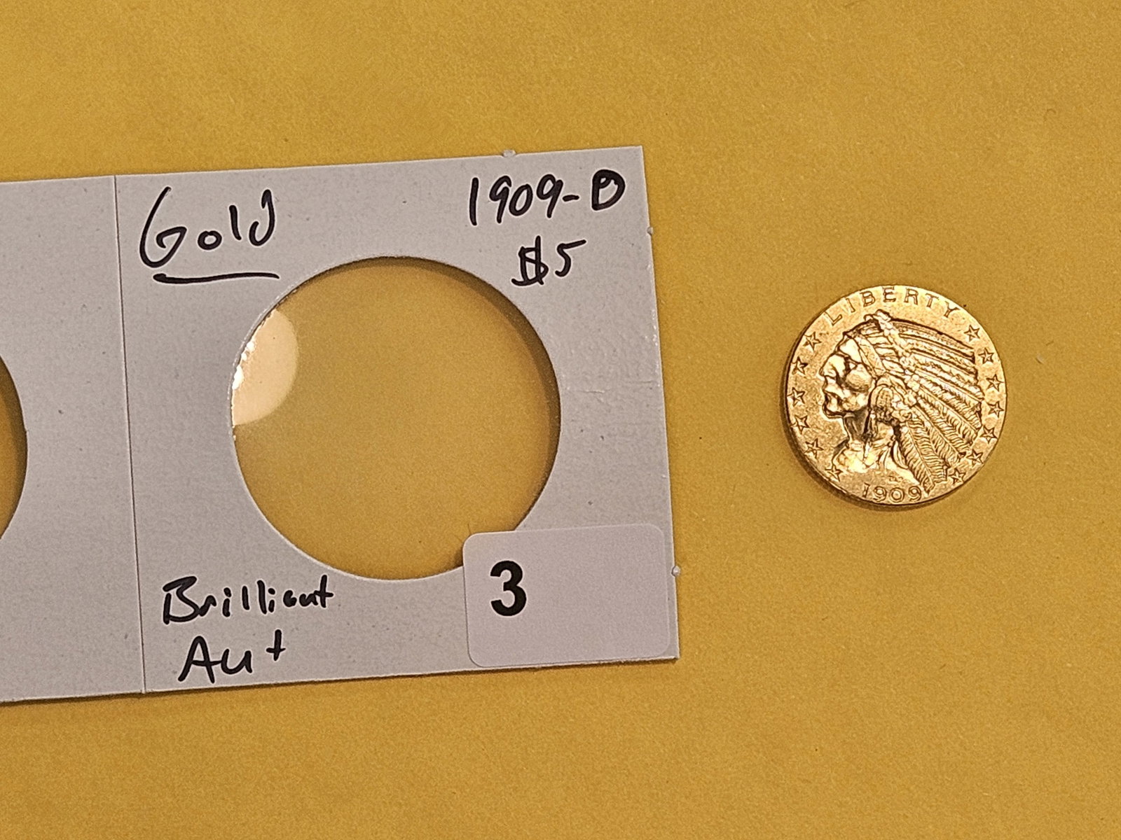 GOLD! Brilliant About Uncirculated 1909-D Gold Indian Head Five Dollars - 2