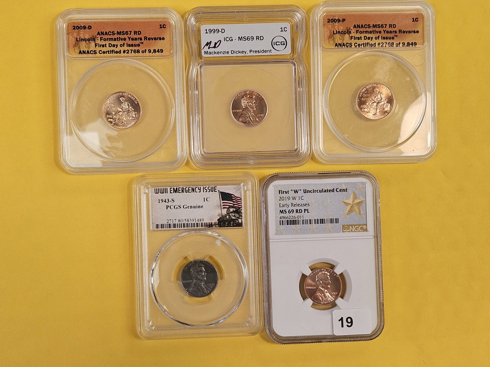 Five mixed, graded, Lincoln Cents: PCGS, NGC, ANACS, ICG
