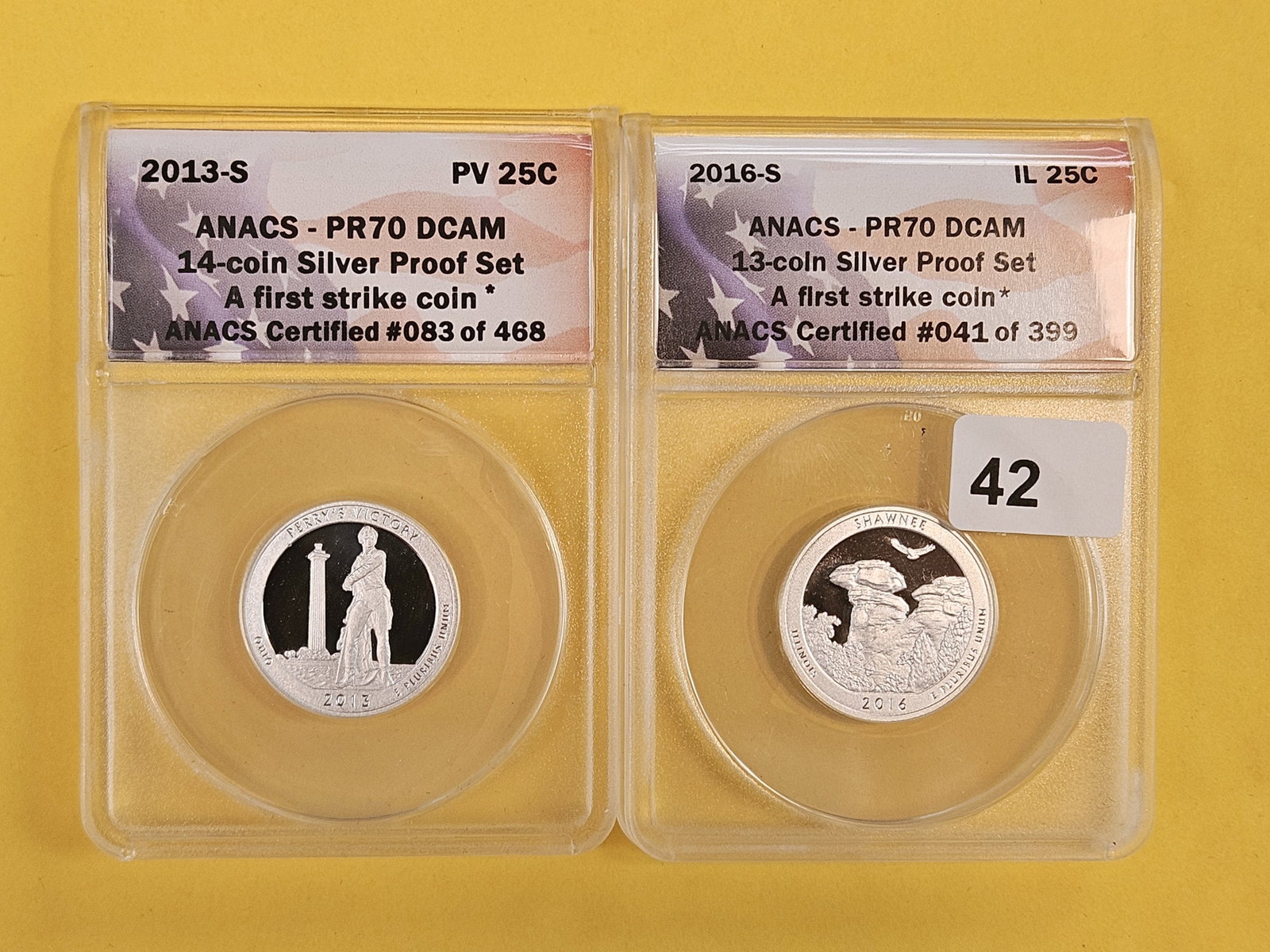 PERFECT! Two SILVER Washington Quarters graded by ANACS in Proof 70 Deep Cameo: 2013-S and 2016-S