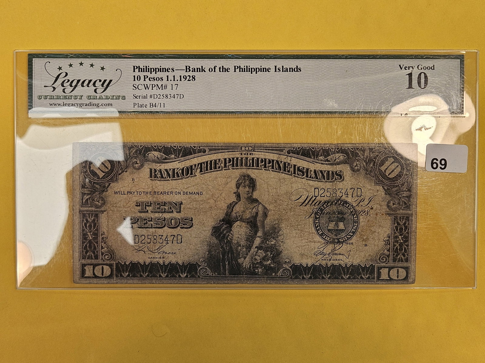 Legacy Grading 1928 Philippines 10 pesos in Very Good 10: Bank of the Philippine Islands. 1.1.1928. Pick 17