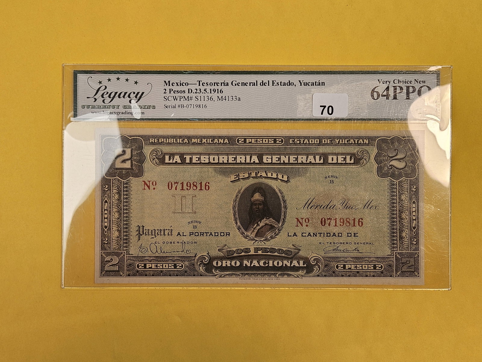 * Legacy Grading 1916 Mexico 2 pesos in Very Choice New 64 PPQ: Mexico - Tesoreria General de Estado, Yucatan. D.23.5.191.