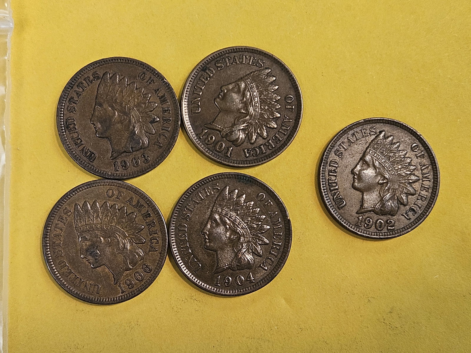 Five nicer Indian cents from 1901 through 1906 (1 of 6)