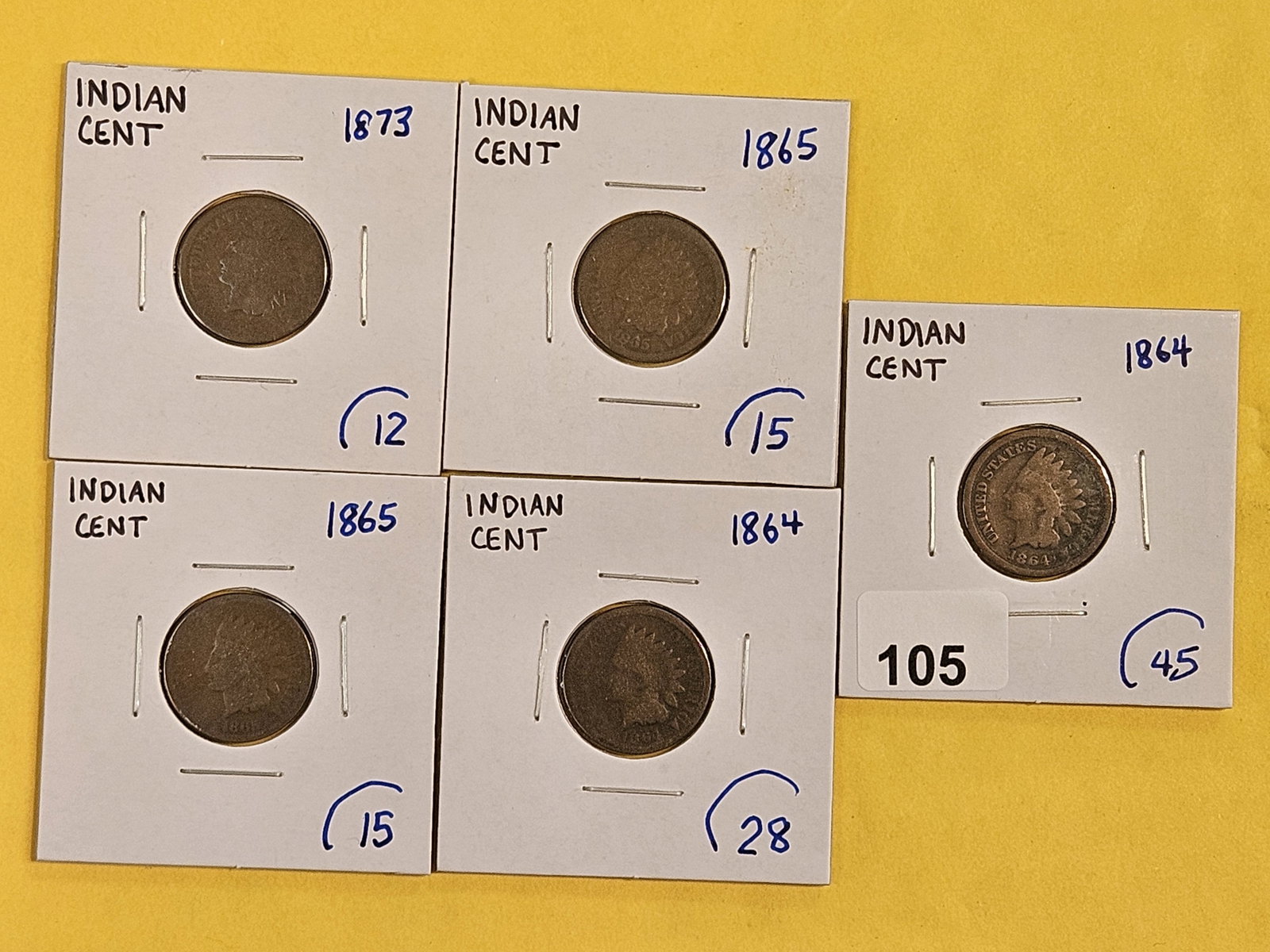 Five better date Indian Cents: 1873, 1865, and 1864