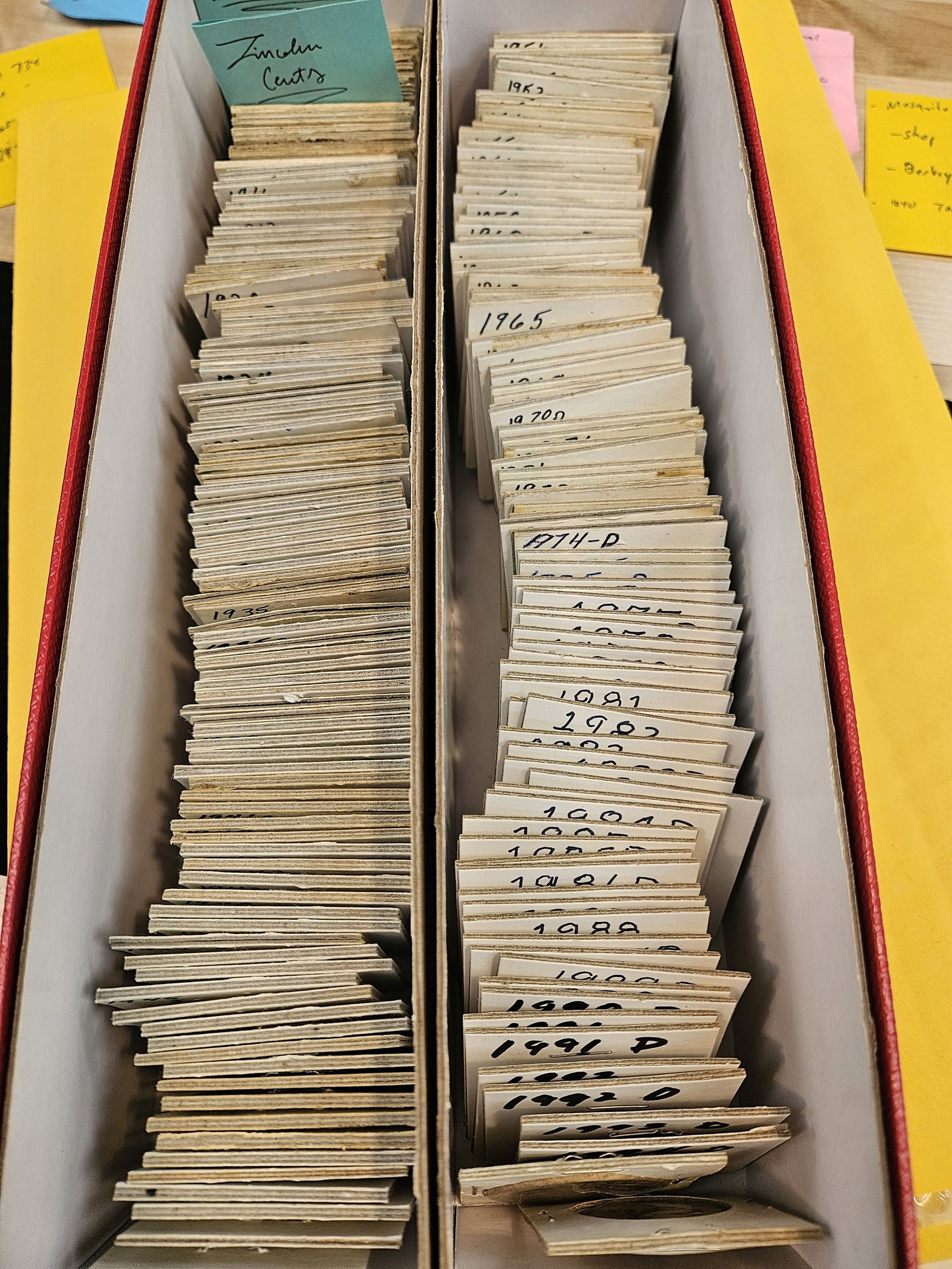 FULL Double Row box of Cents: The right side is mostly Memorial cents with some Wheats. The left side is mostly Wheat cents and some Indians. Over 100 in 2x2's