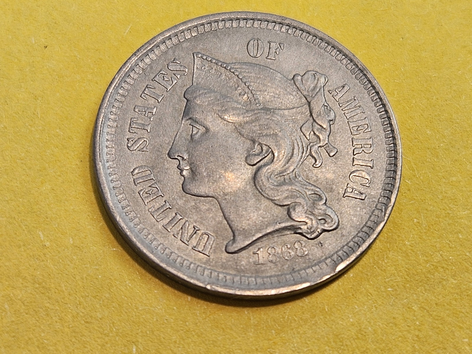1868 Three Cent Nickel in AU-UNC - 3