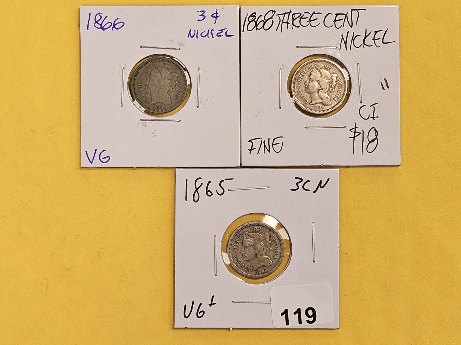 Three 3-Cent Nickels in Very Good to Fine (1 of 4)
