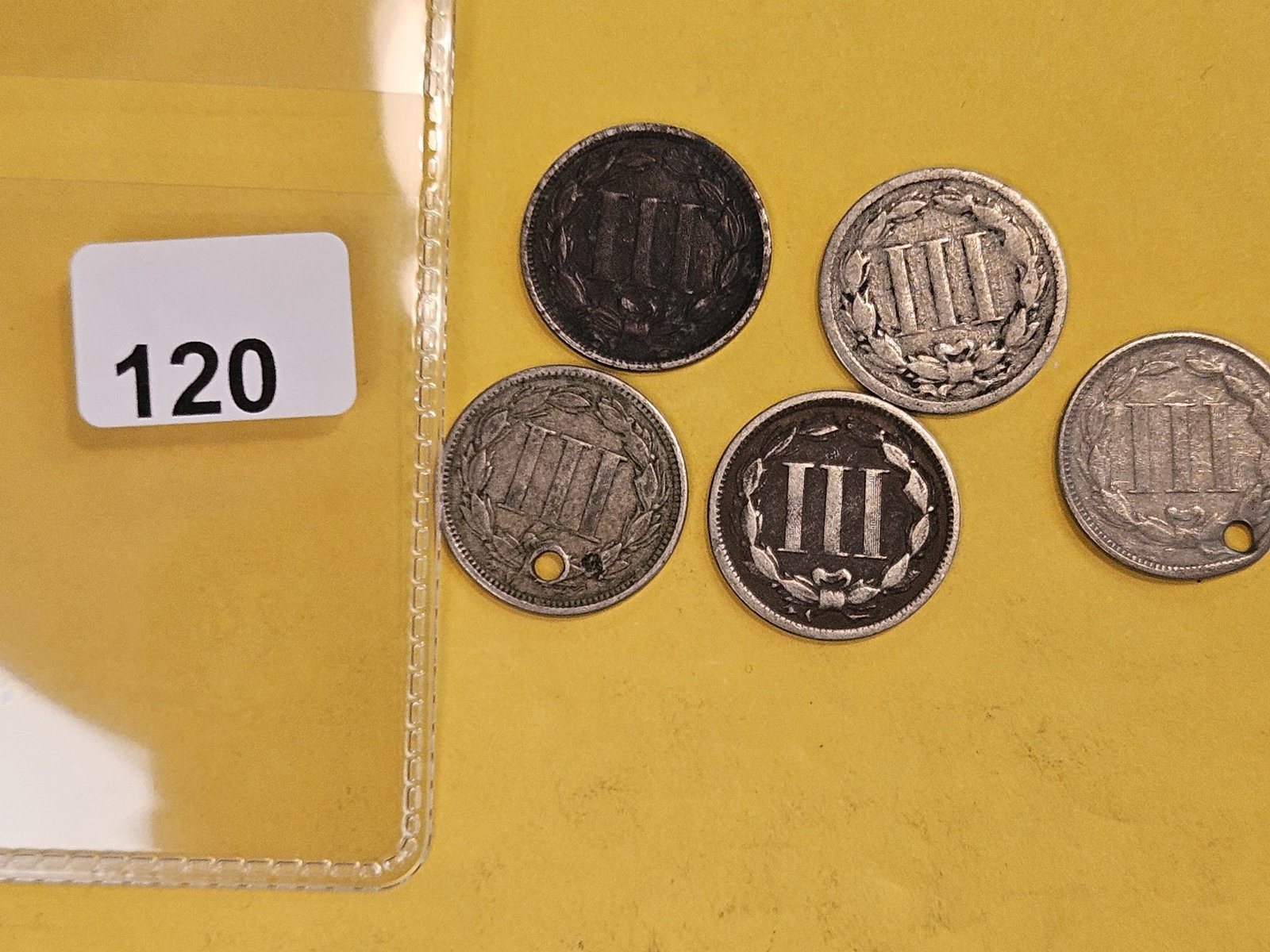 Five mixed 3-Cent Nickels - 2