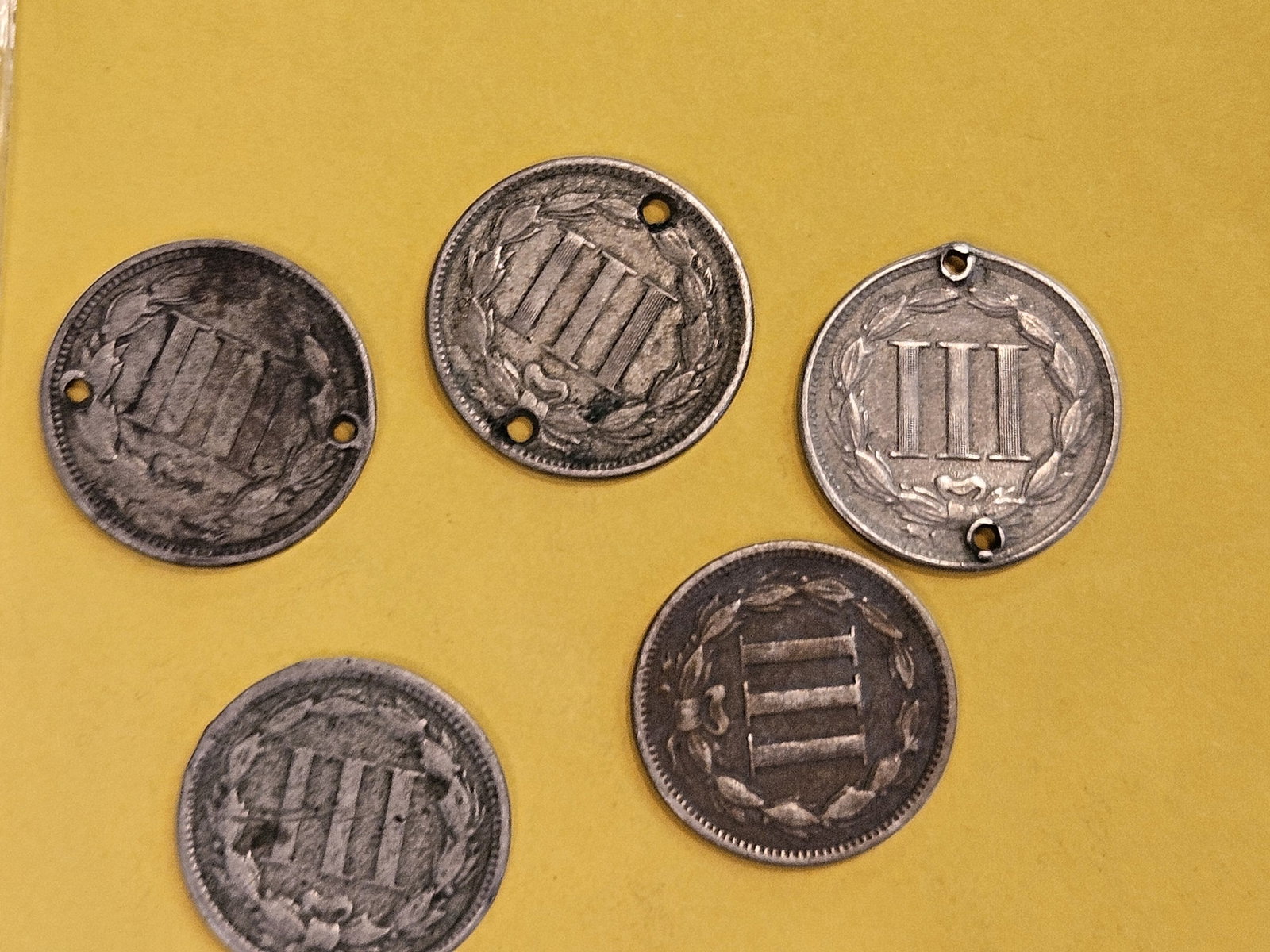 Five mixed 3-Cent Nickels - 2