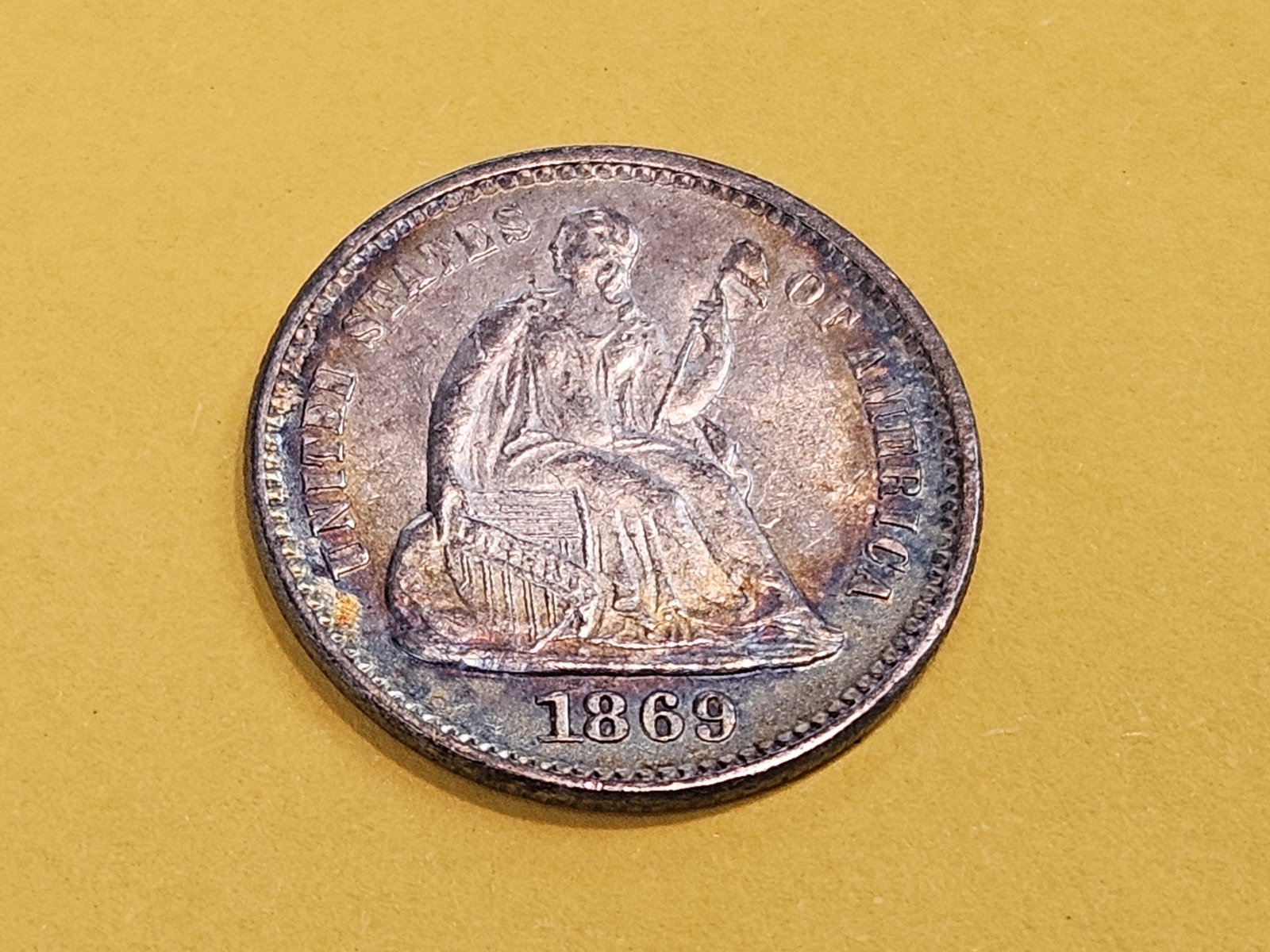 Brilliant About Uncirculated Plus 1869 Seated Liberty silver Half-Dime - 3