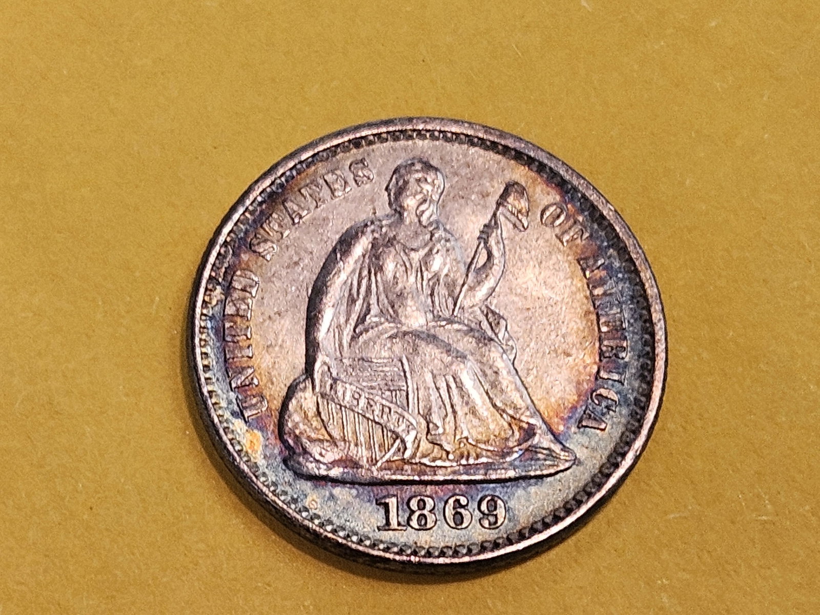Brilliant About Uncirculated Plus 1869 Seated Liberty silver Half-Dime - 4