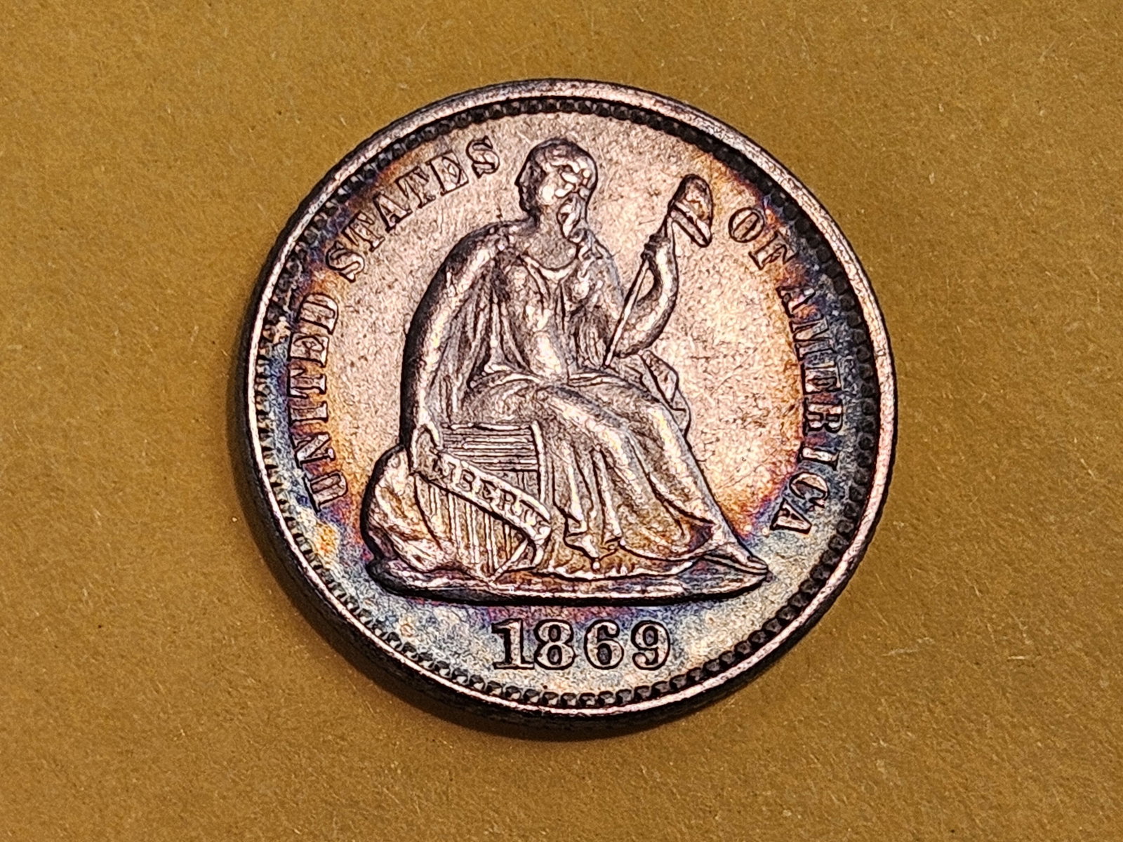 Brilliant About Uncirculated Plus 1869 Seated Liberty silver Half-Dime - 5