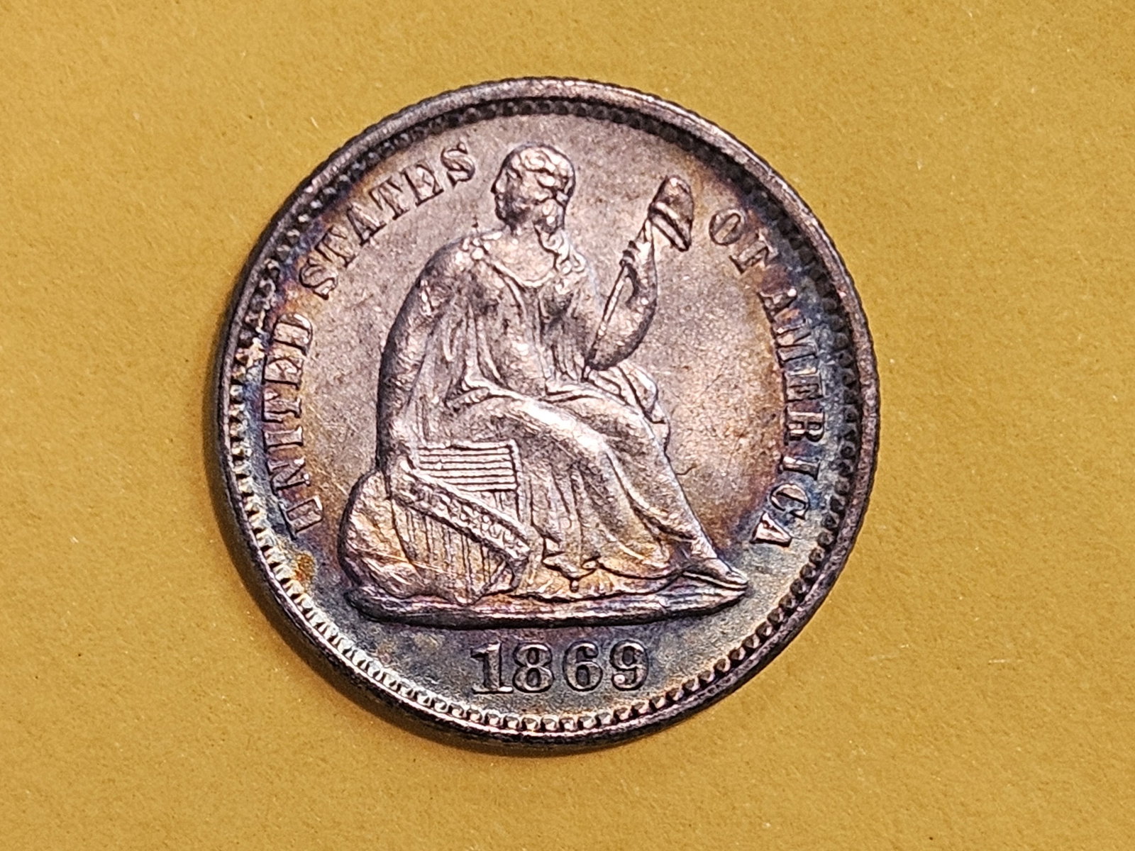 Brilliant About Uncirculated Plus 1869 Seated Liberty silver Half-Dime - 6