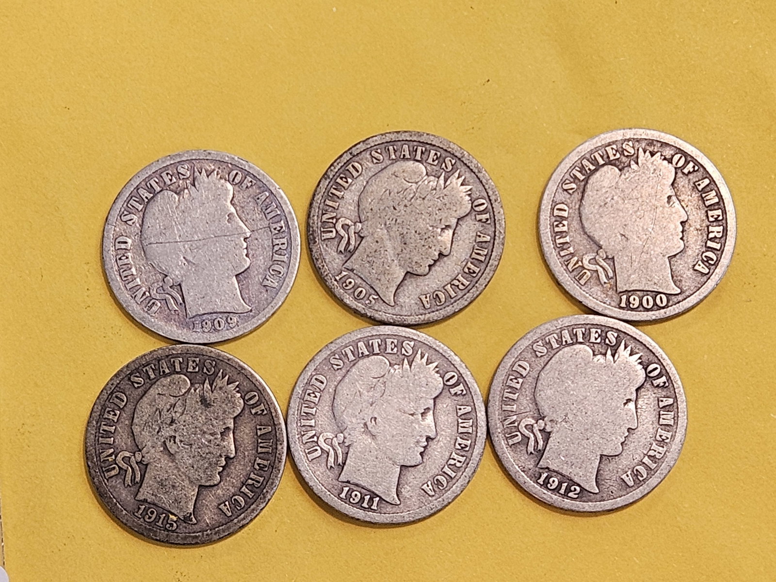 Six San Francisco minted silver Barber Dimes: 1900 - 1915