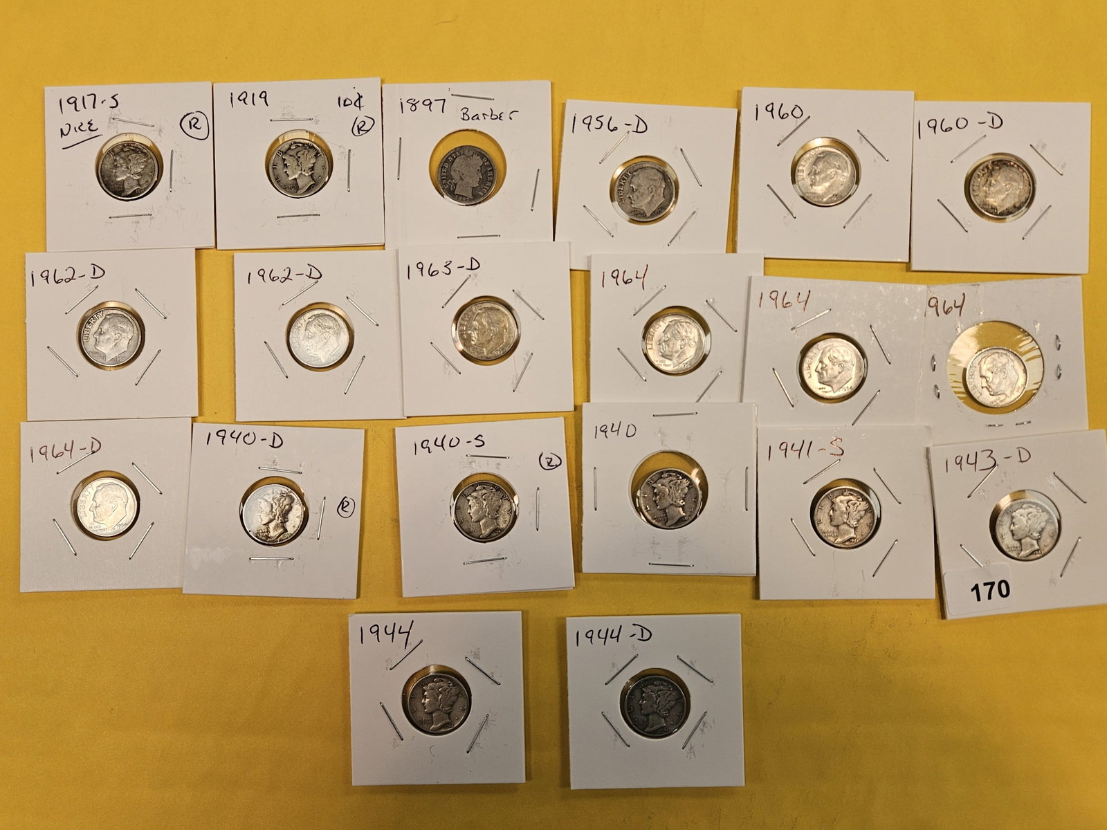 Twenty mixed, silver Dimes: Roosevelt, Barber and Mercury