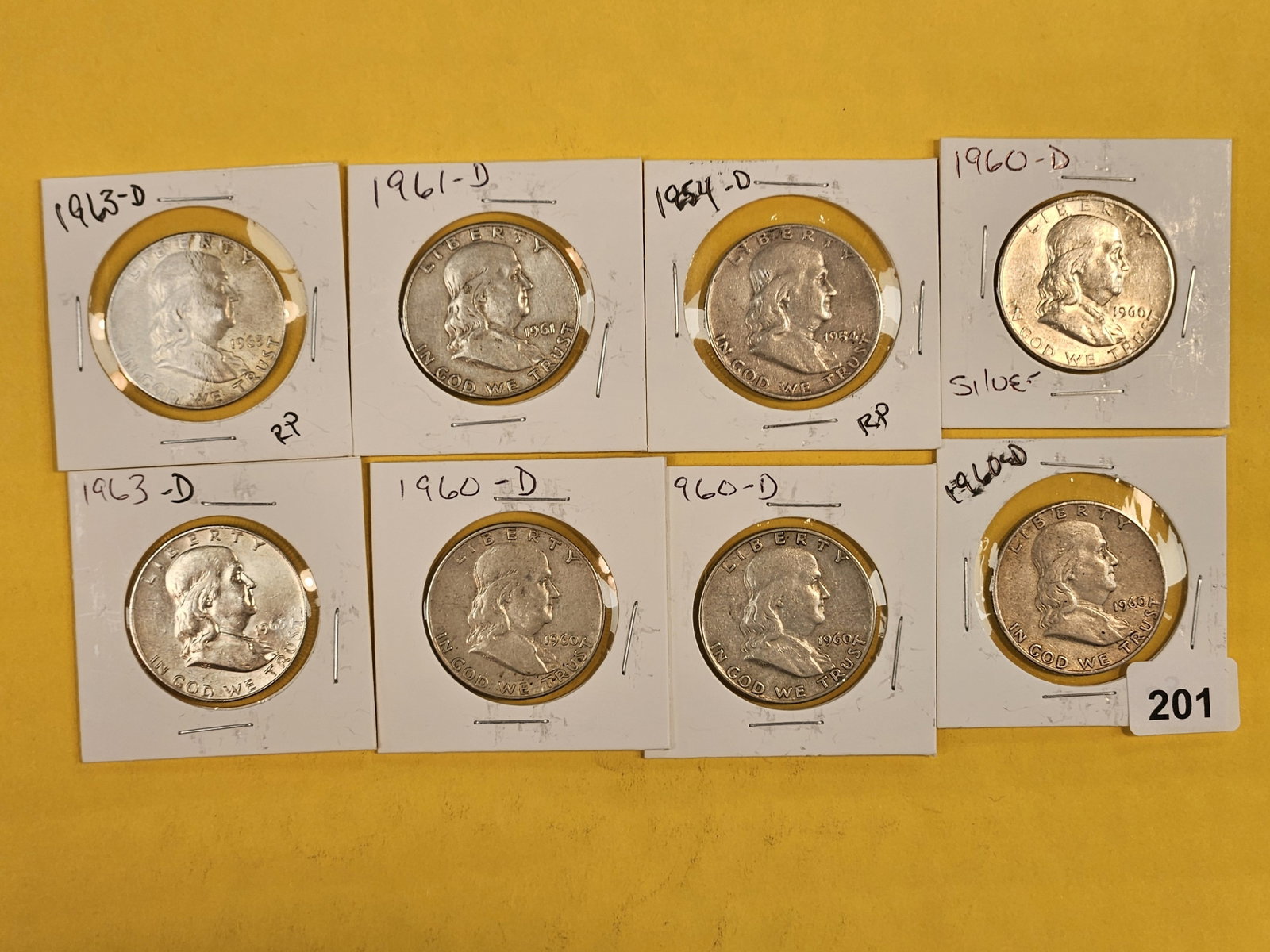 Eight mixed silver Franklin Half Dollars: Circulated