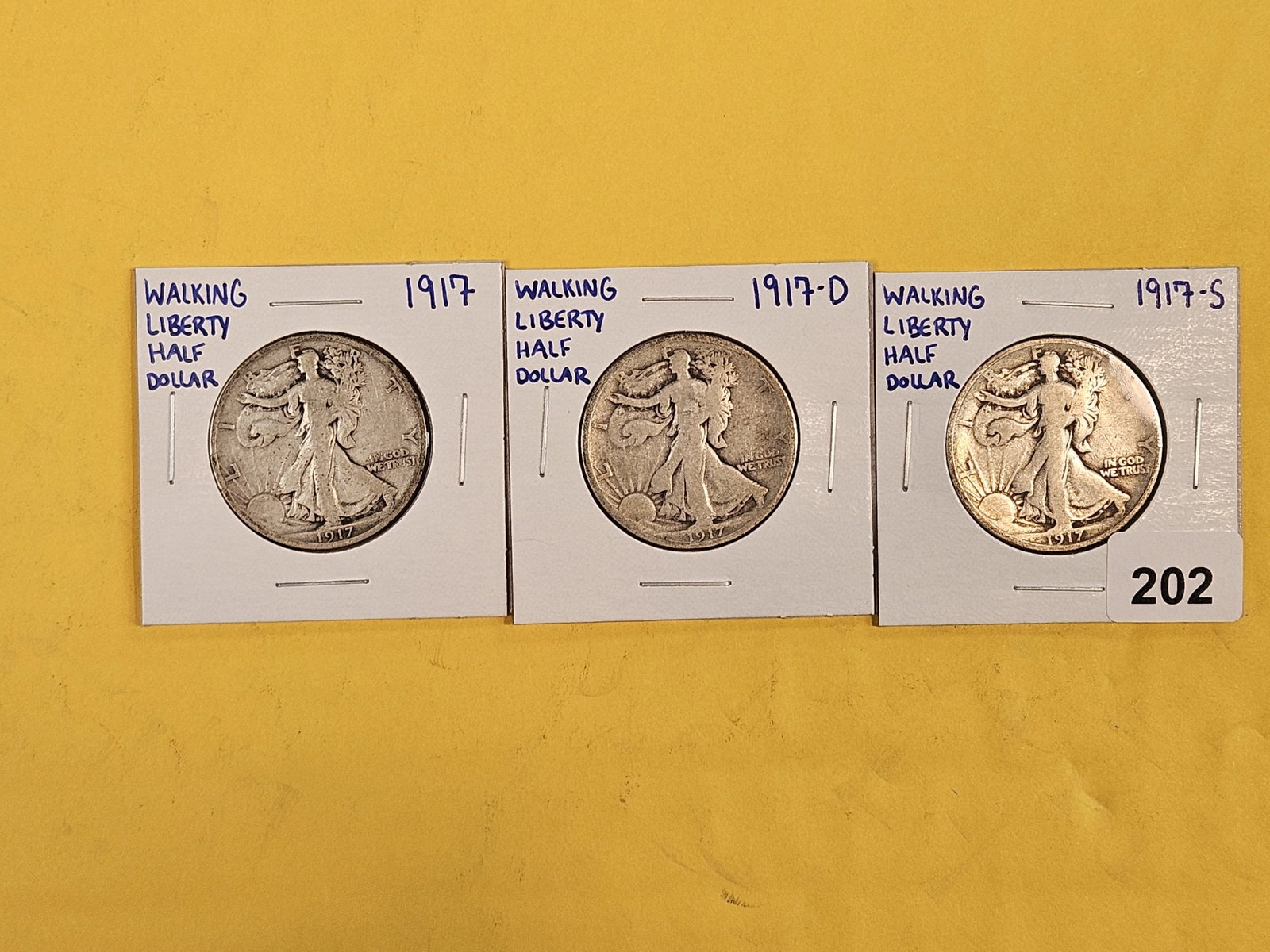 Second Year Issue Walking Liberty silver Half Dollar Set: 1917 P-D-S