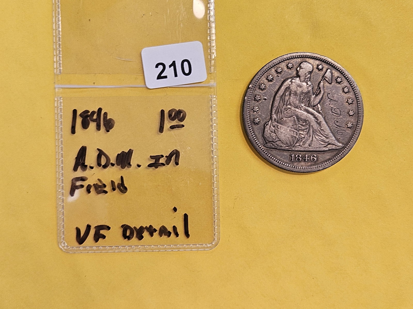 * 1846 Seated Liberty silver Dollar in Very Fine plus - details - 2
