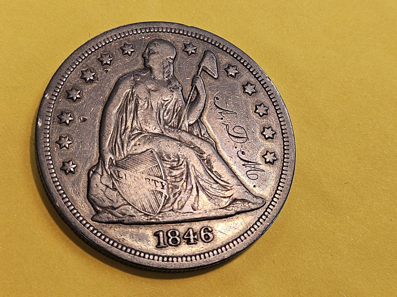 * 1846 Seated Liberty silver Dollar in Very Fine plus - details - 3