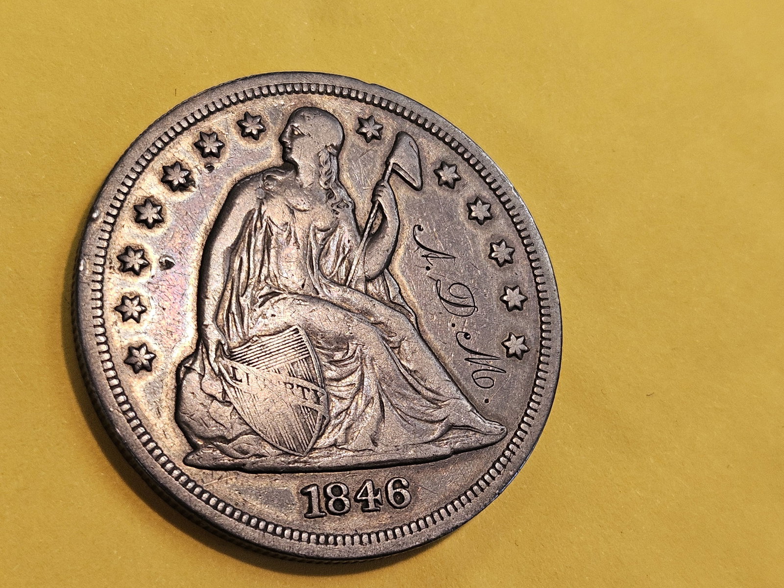 * 1846 Seated Liberty silver Dollar in Very Fine plus - details - 4