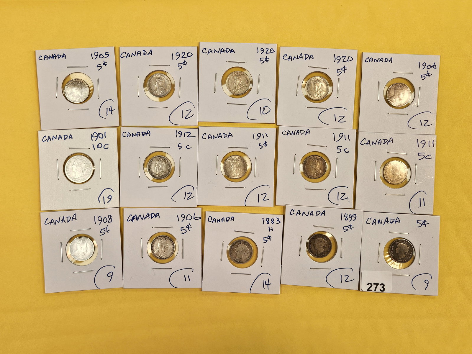 Fifteen mixed silver Canada 5 cent coins: Mixed dates and grades