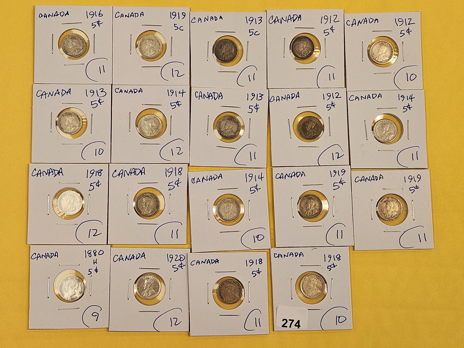 Nineteen mixed silver Canada 5 cent coins: Mixed dates and grades
