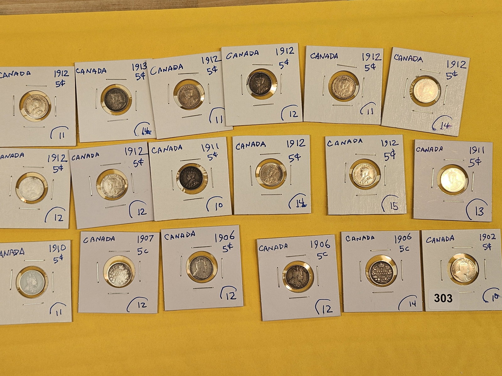 Eighteen, silver, Canadian 5 cent coins: All 1900's