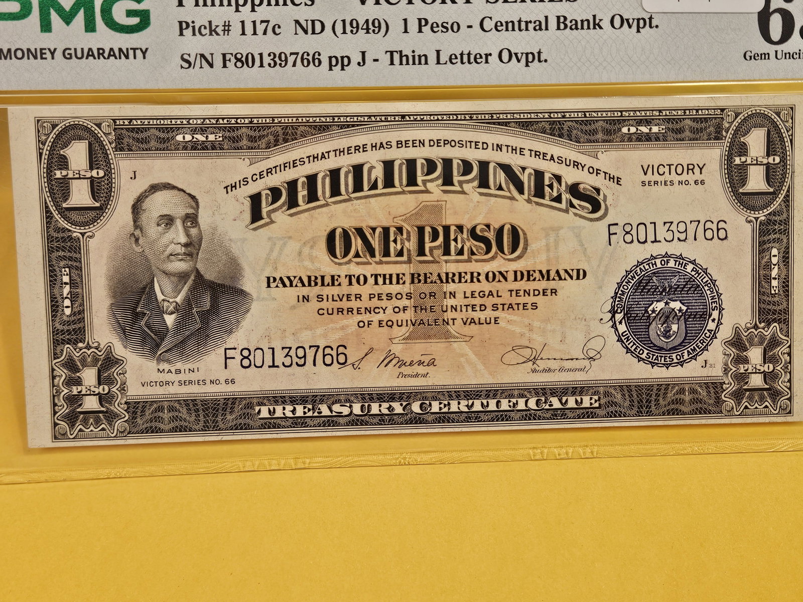 GEM! PMG Philippines "Victory Series" One Peso in GEM UNC 65 EPQ - 2
