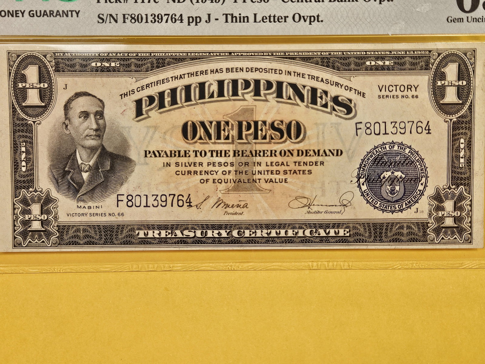 GEM! PMG Philippines "Victory Series" One Peso in GEM UNC 65 EPQ - 2