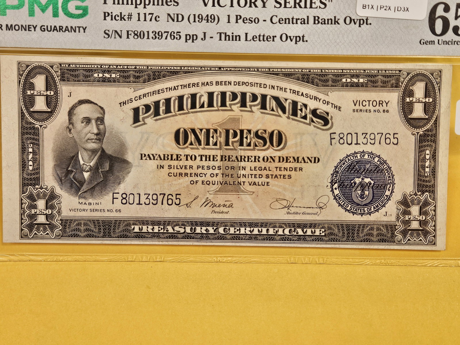 GEM! PMG Philippines "Victory Series" One Peso in GEM UNC 65 EPQ - 2