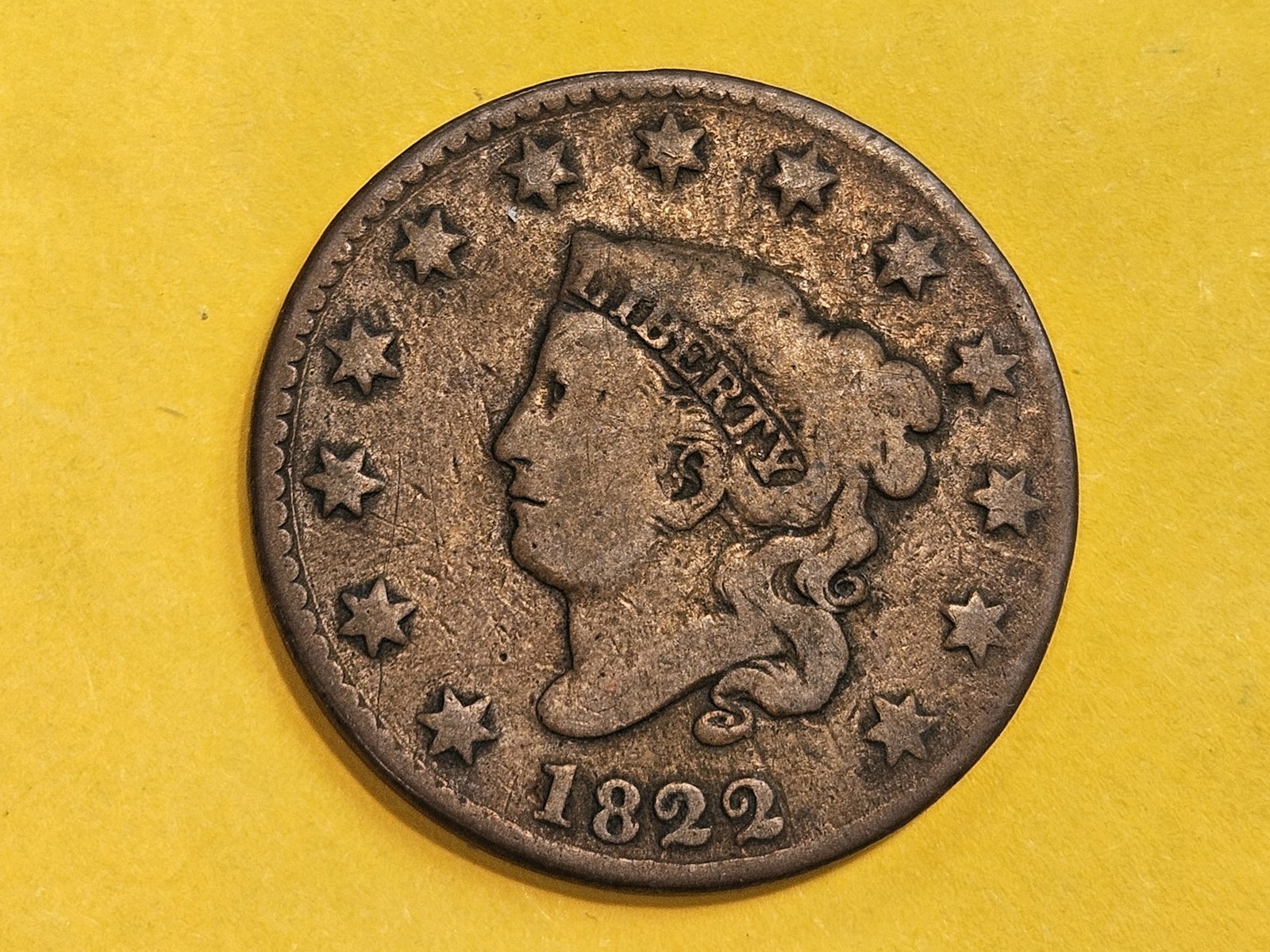 1822 Coronet Head Large Cent in Very Good plus: N-12. R-4.