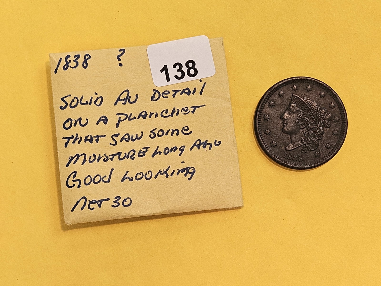 About Uncirculated 1838 Coronet Head large Cent - 2