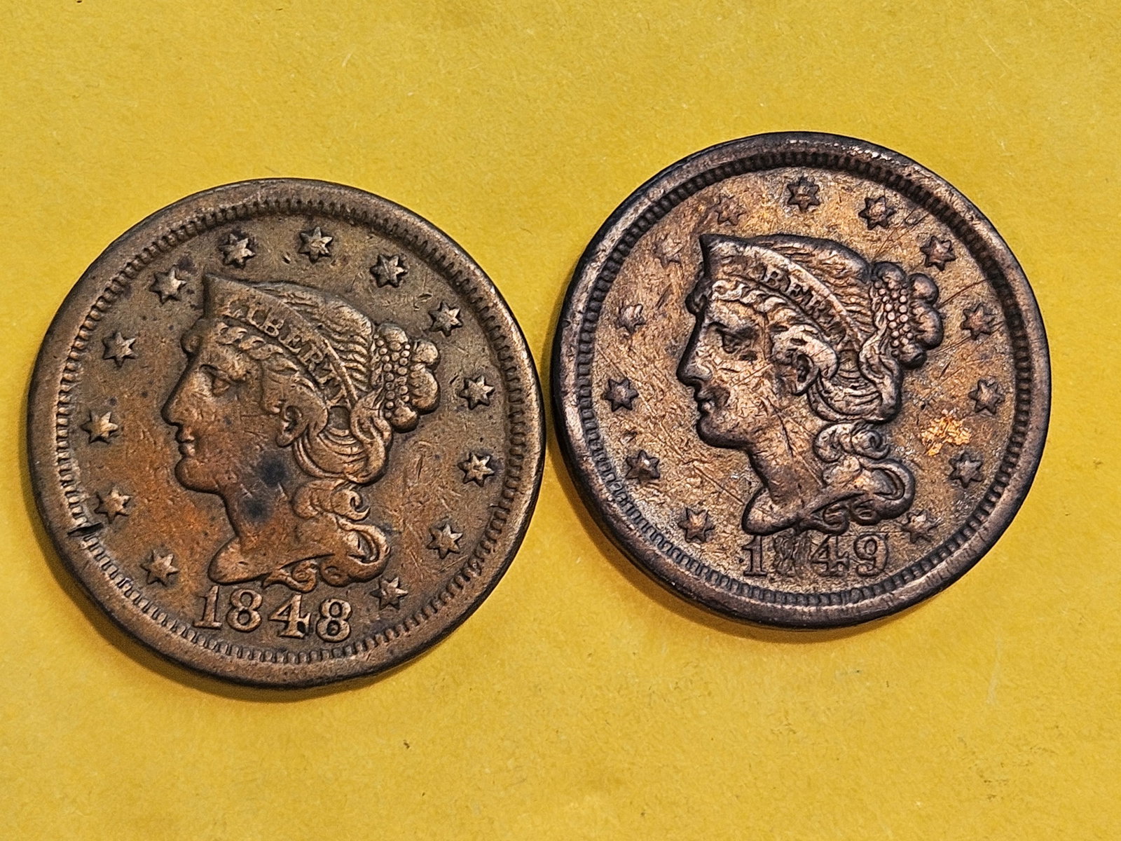 1848 and 1849 Braided Hair Large cents: Both in Very Fine plus - details