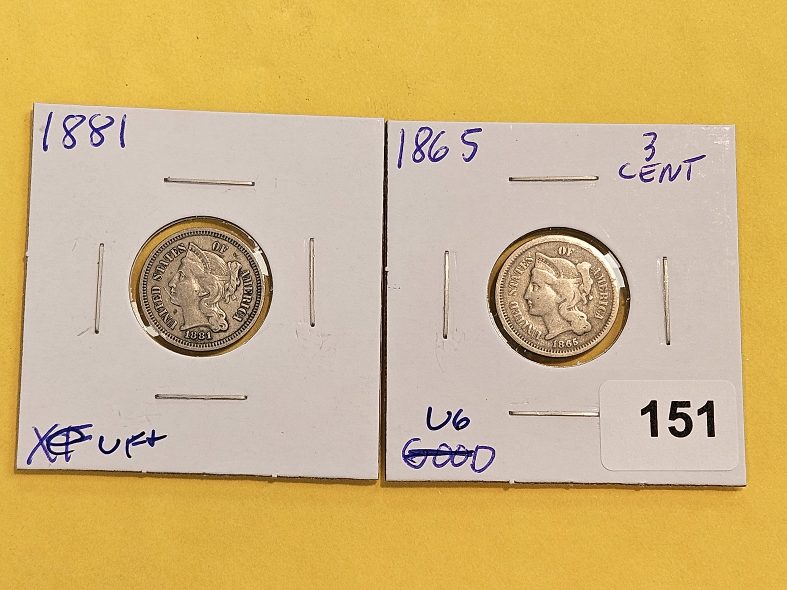 1881 and 1865 Three Cent Nickels - 2
