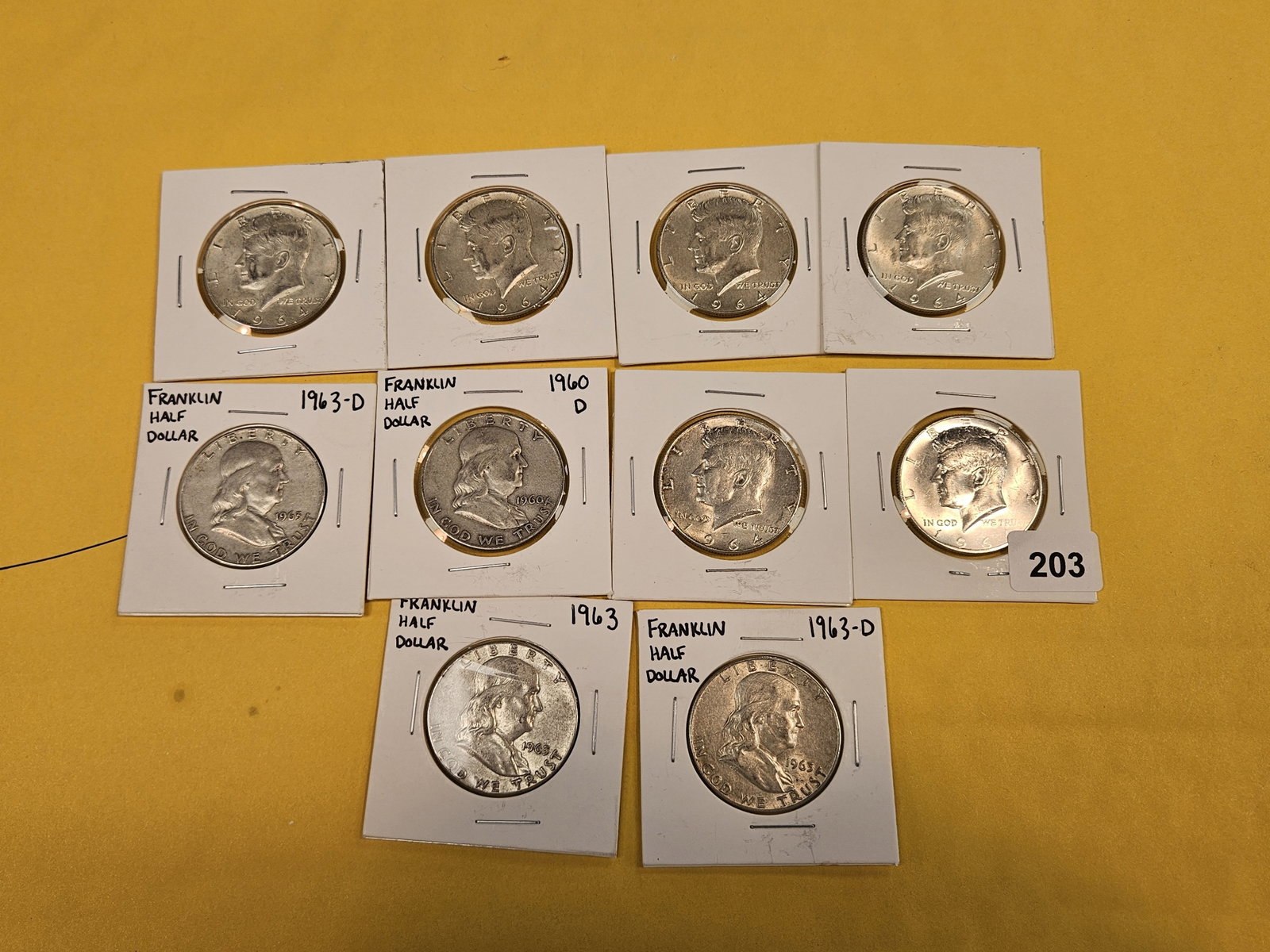 Ten mixed Kennedy and Franklin silver Half Dollars - 2
