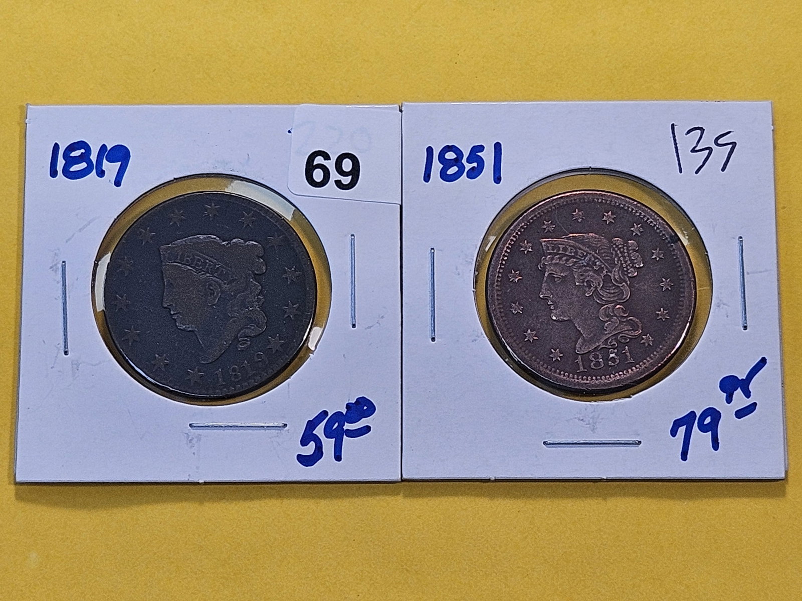 Two Circulated US Large Cents: 1819 Coronet Head Cent and 1851 Braided Hair Large Cent