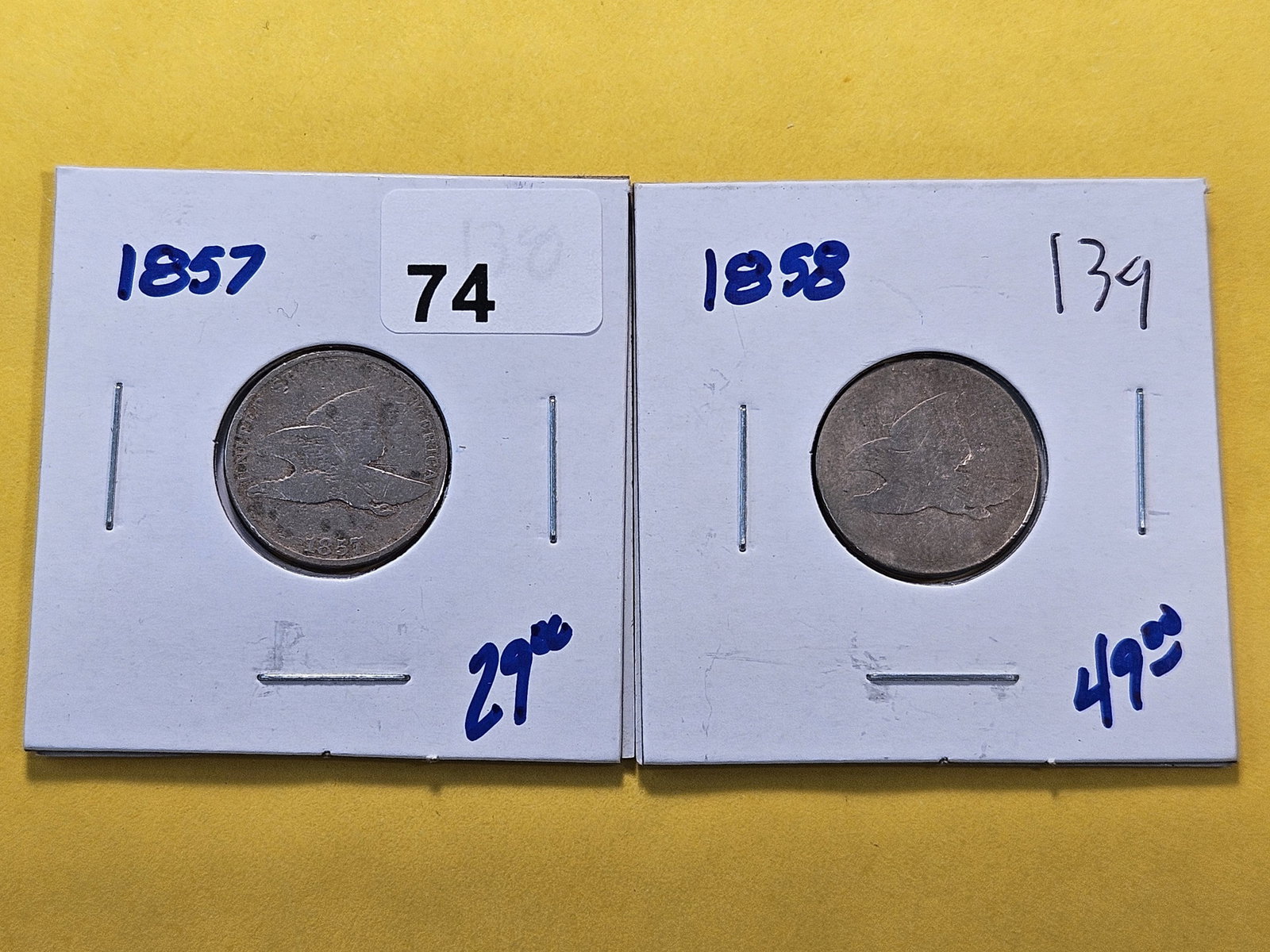 Two Circulated Flying Eagle Cents: 1857 and 1858