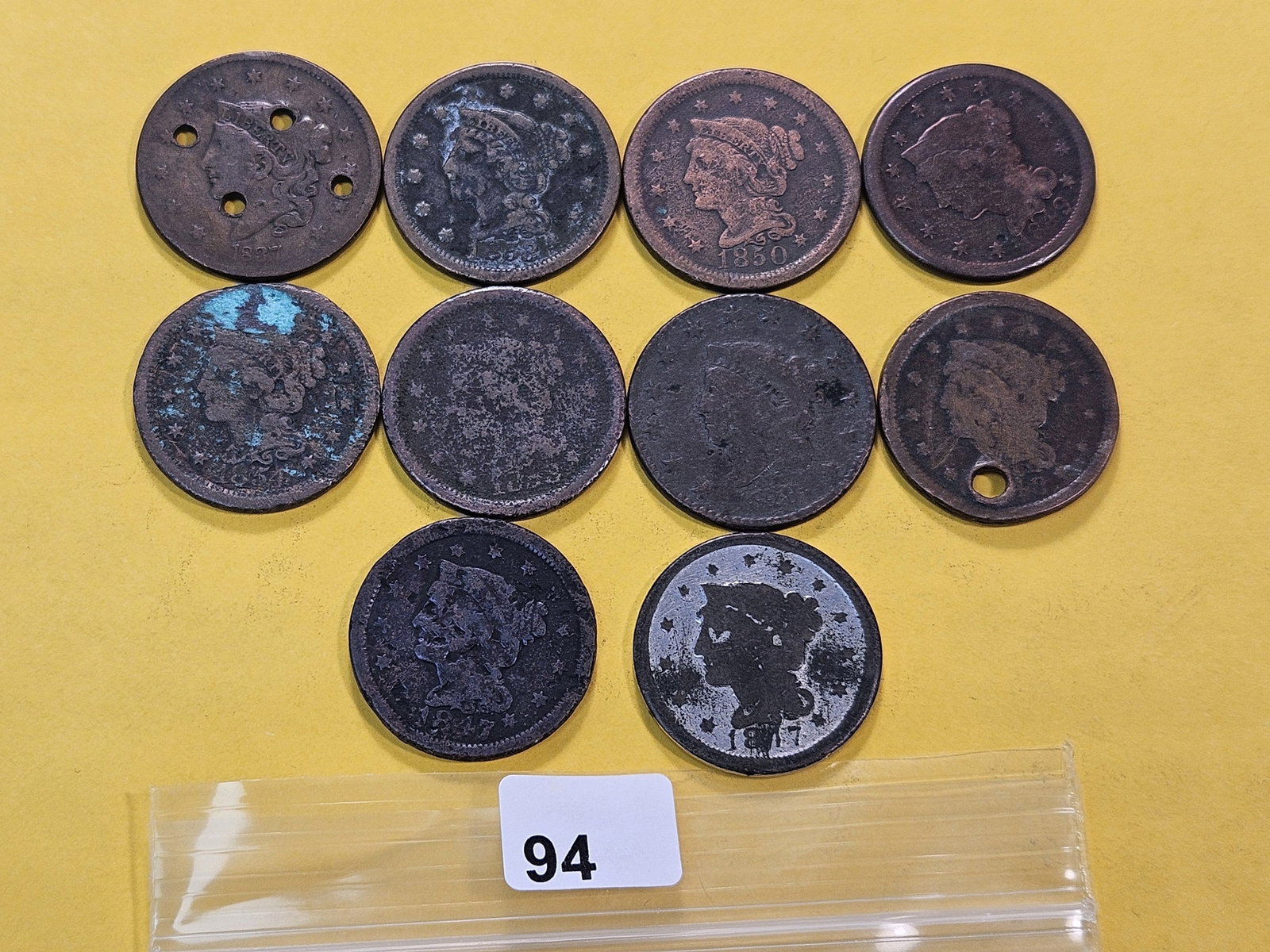 Ten Circulated Mixed US Large Cents: Two Coronet Head and eight Braided Hair Large Cents