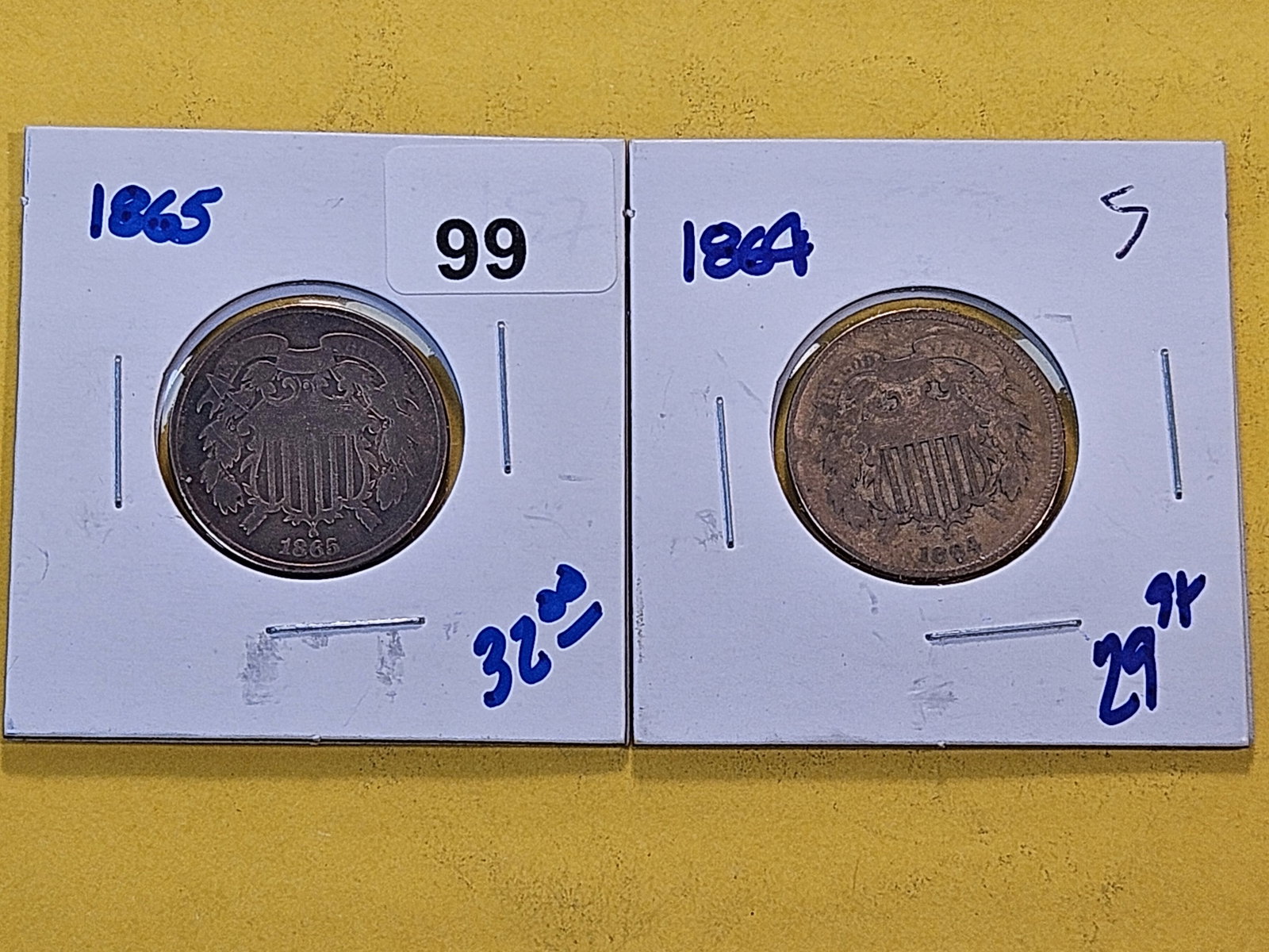 Two Circulated Two Cent Pieces: 1864 and 1865