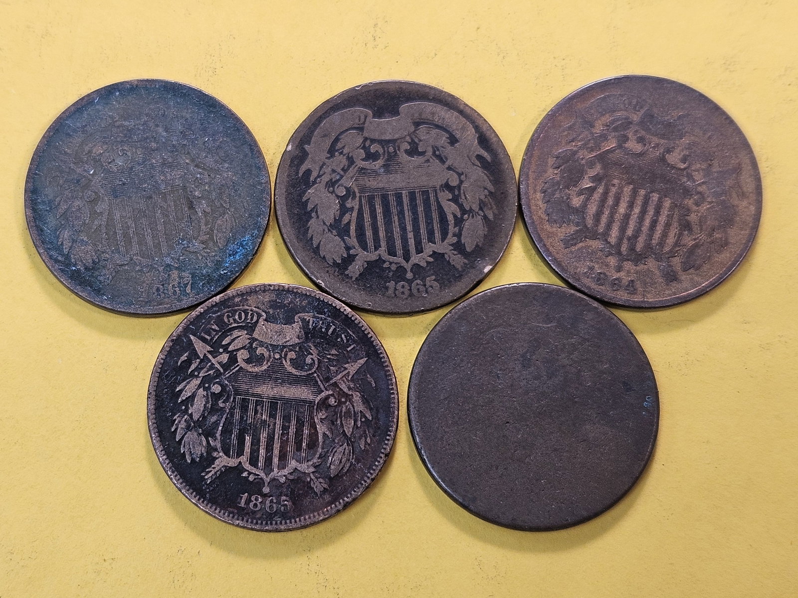 Five Circulated Two Cent Pieces - 2