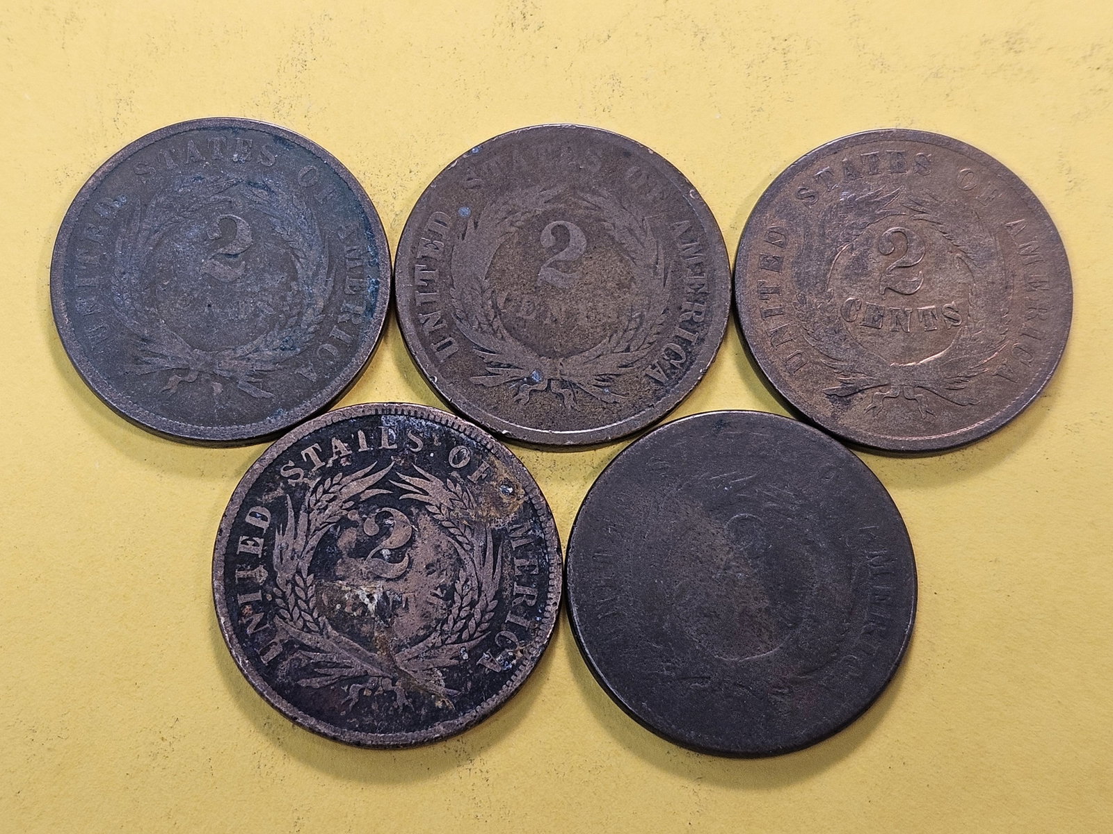 Five Circulated Two Cent Pieces - 4