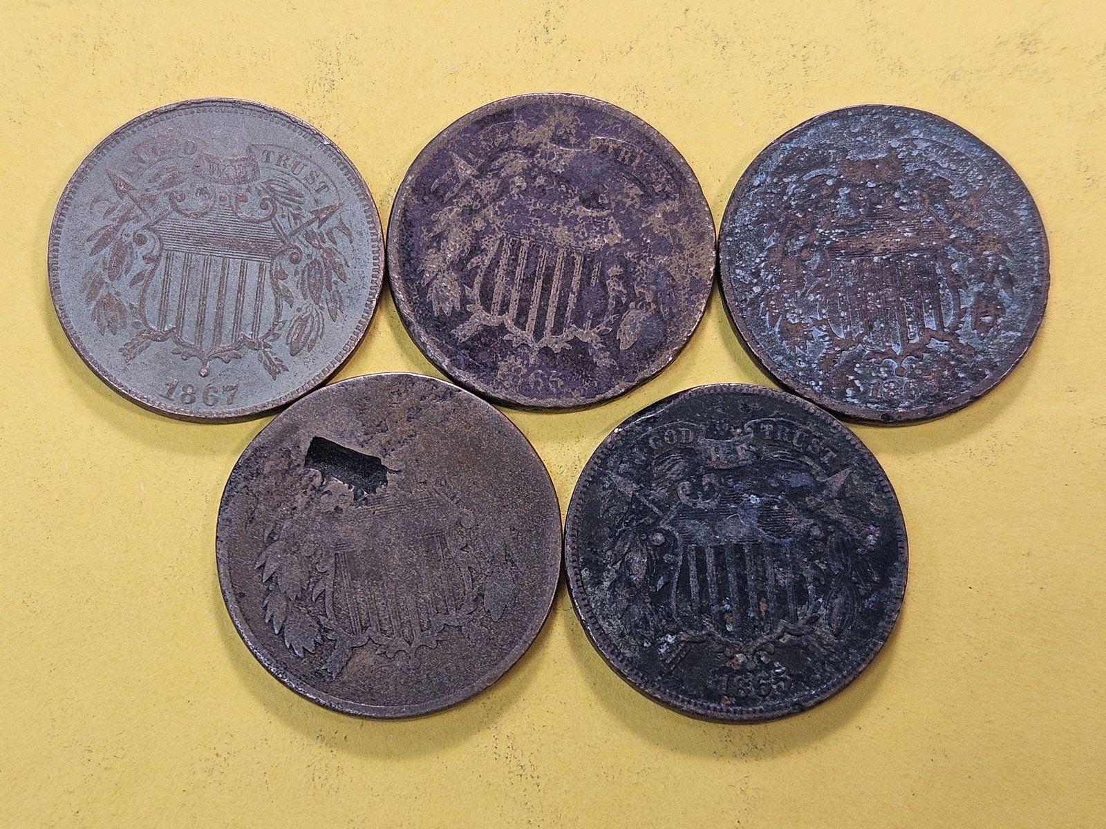 Five Circulated Two Cent Pieces - 2