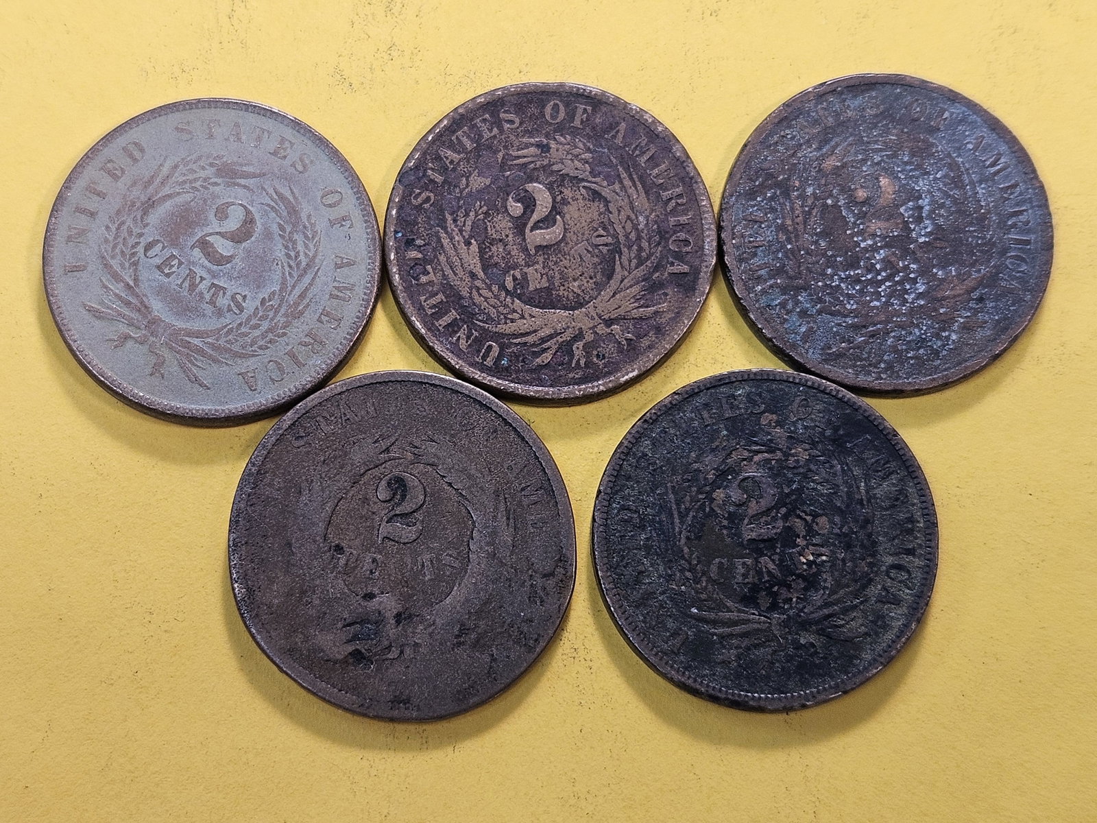 Five Circulated Two Cent Pieces - 4