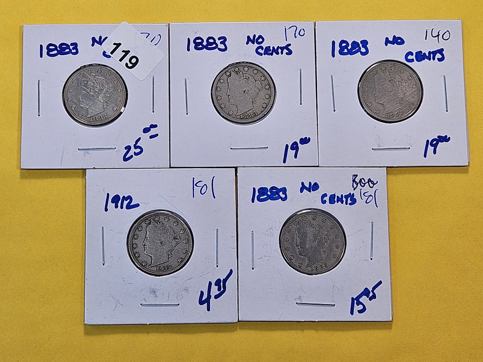 Five Circulated Liberty V Nickels