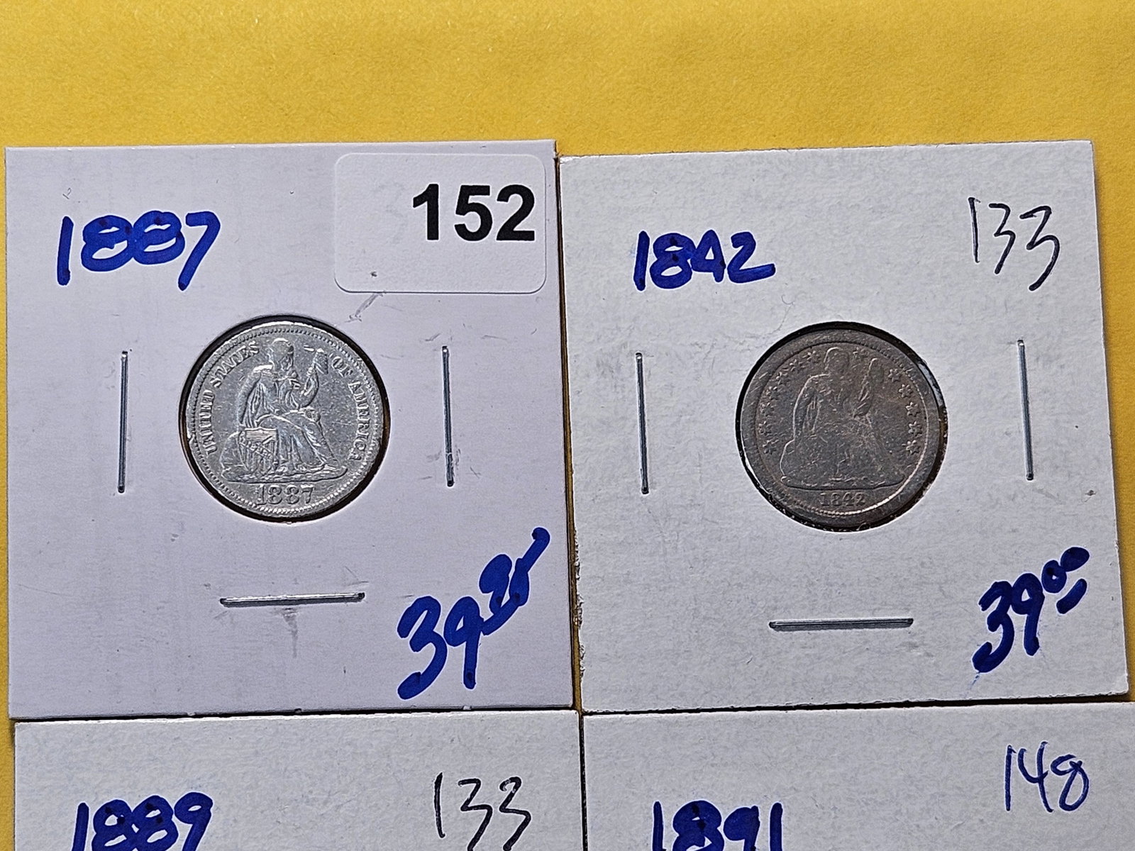 Four Circulated Seated Liberty Silver Dimes - 2